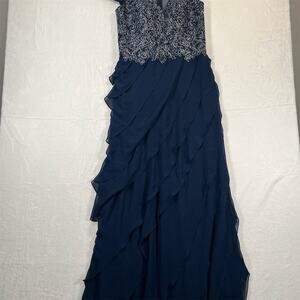 XSCAPE Women's Size 8 Standard Navy Blue Tiered Gown